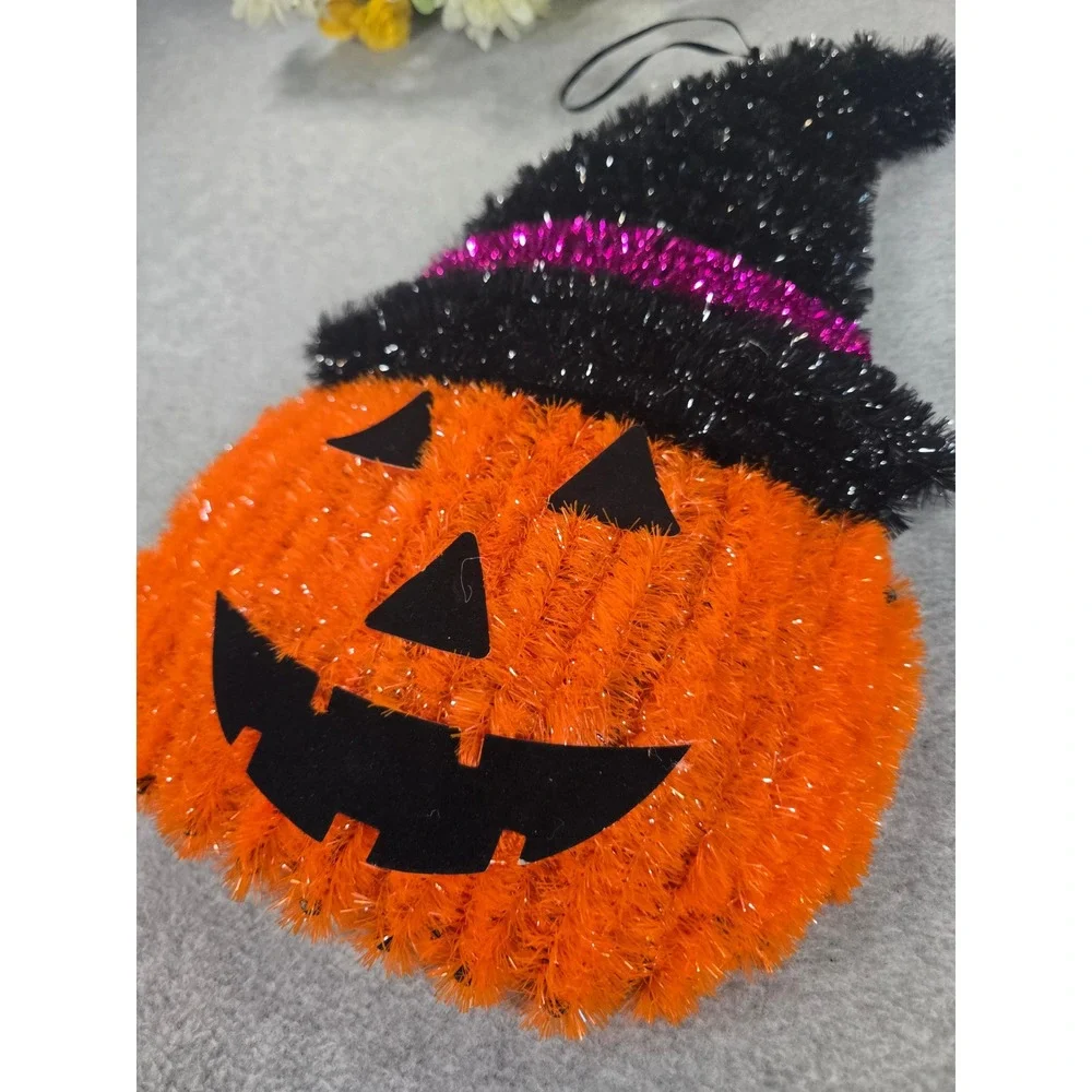 Vintage Y2K Pumpkin Wall Hanging Orange Halloween Tinsel Witch Hat Decor 14